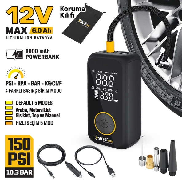 SGS ŞARJLI HAVA KOMPRESÖRÜ DİJİTAL 12V 6.0 Ah (150 PSI) ürün görseli 1