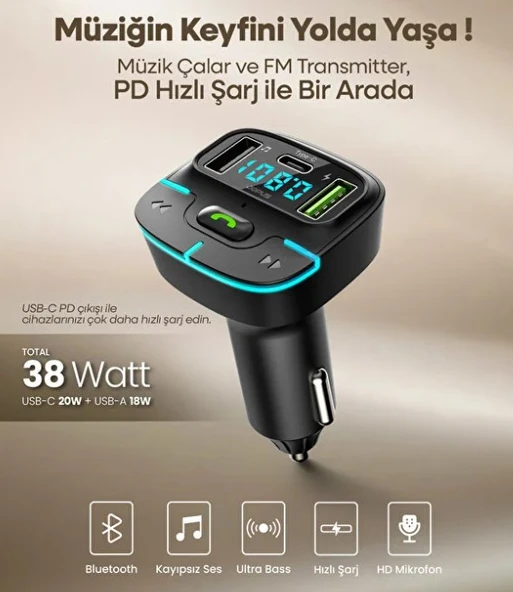 Araç Müzik Çalar Fm Transmitter F9 Bluetooth Araç Kiti USB Type-C Hızlı Şarj Çıkışlı Çakmaklık şarj ürün görseli 1