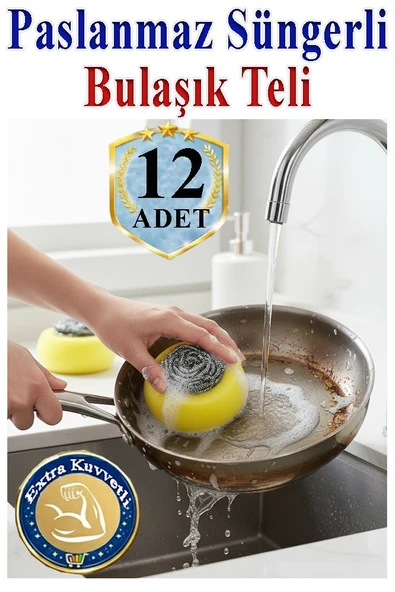 Süngerli Bulaşık Teli Ovma Teli 12 Adet Süngerli Toptel Sürtme Teli Lavabo Mutfak Banyo Temizlik Teli Sert Yüzey ürün görseli 1