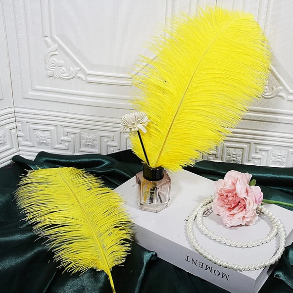 3 ADET BÜYÜK BOY 35 CM SARI DEVE KUŞU TÜYÜ VIP YELLOW OSTRICH FEATHER BÜYÜK DEKOR SARI KUŞ TÜYÜ ürün görseli 1