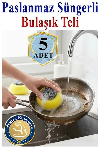 Süngerli Bulaşık Teli Ovma Teli 5 Adet Süngerli Toptel Sürtme Teli Lavabo Mutfak Banyo Temizlik Teli Sert Yüzey ürün görseli 1
