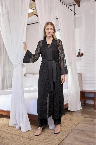 Arias Closet Uzun Kollu Dantelli ve Kuşaklı Sabahlık ürün görseli 1