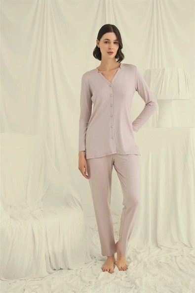 Arias Closet Uzun Kollu Boydan Düğmeli V Yaka Pijama Takımı ürün görseli 1