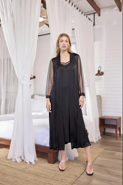 Arias Closet Dantelli Tüllü ve Dekolteli Saten Sabahlık Takımı ürün görseli 1