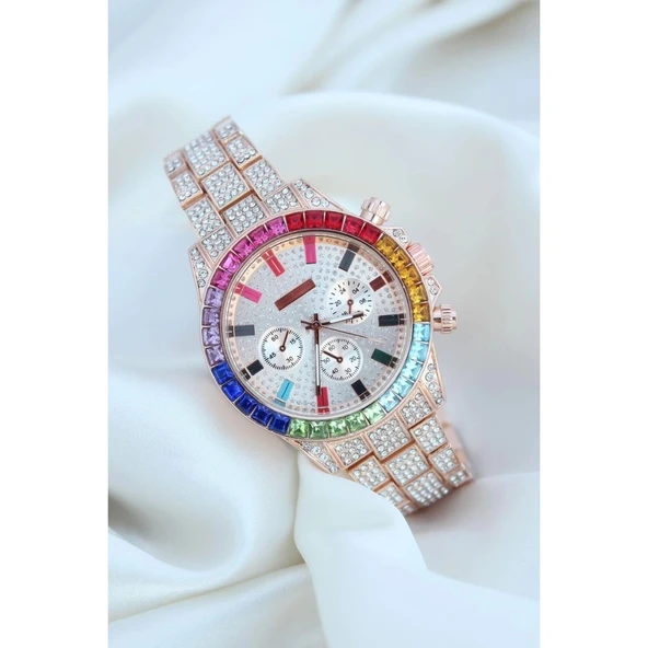 Clariss Trend Rose Metal Kordonlu Zirkon Taş Kaplama Renkli Taşlı Kasa Tasarımlı Lüx Kadın Kol Saati ürün görseli 1