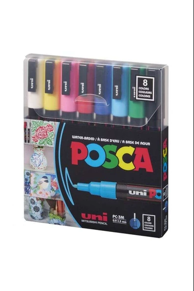 Uni-Ball Markör Boyama Kalemi Posca 0.9-1.3 Su Bazlı Ana Renk 8 Renk PC-3M/8C Set ürün görseli 1