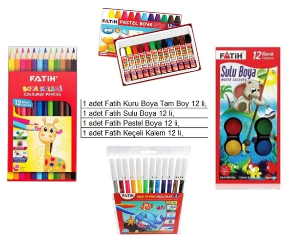 Okul Fatih Boya Seti Kuru Boya, Pastel Boya, Sulu Boya, Keçeli Kalem Boya 4 lü ürün görseli 1