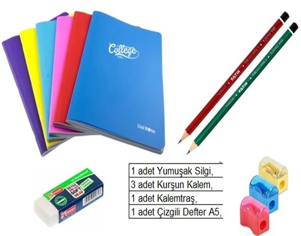Okul Kurşun Kalem, Silgi, Kalemtraş, Defter 40 yp 6 lı set ürün görseli 1