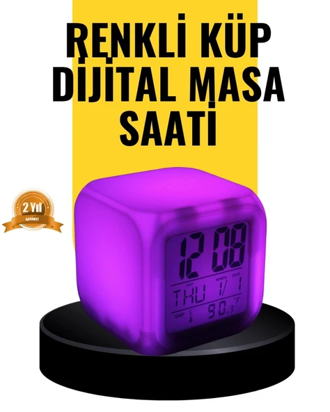 7 Renk Led Işıklı Alarmlı Dijital Küp Masa Saati Termometreli ürün görseli 1