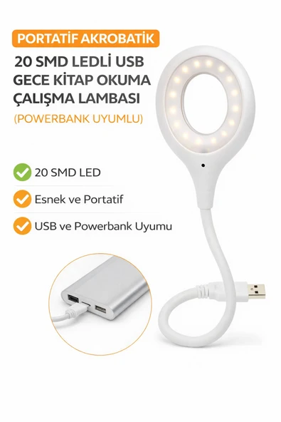 Portatif Akrobatik USB LED Okuma ve Çalışma Lambası 20 SMD LED Powerbank Uyumlu 5000K Doğal Işık ürün görseli 1