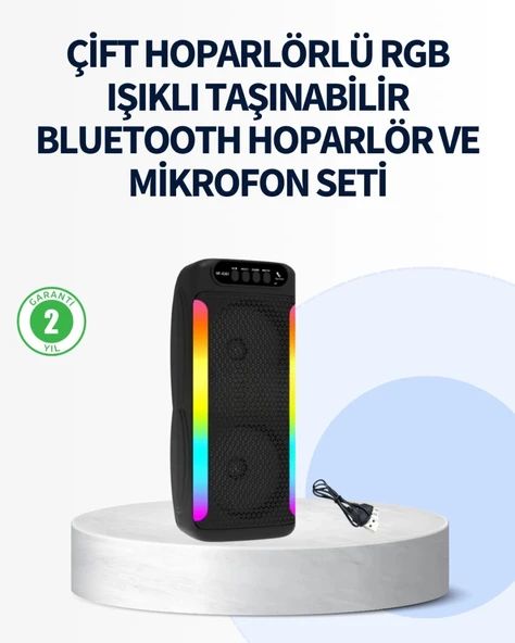 Rgb Işıklı Çift Hoparlörlü Taşınabilir Bluetooth Speaker Ve Mikrofon ürün görseli 1