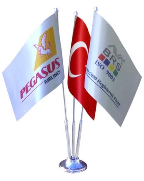 Kişiye Özel Masa Bayrağı - Firmaya Özel Üç Direkli Logolu Masa Üstü Bayrak ürün görseli 1
