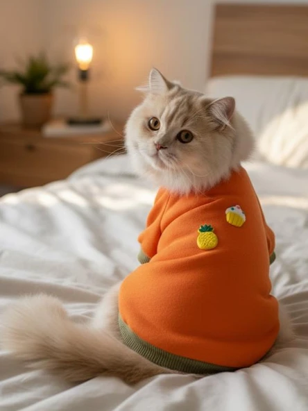 Ice Cream & Pineapple Turuncu Haki Kedi Polar Sweatshirt – Sıcak Tutan Yumuşak Kedi Kıyafeti ürün görseli 1