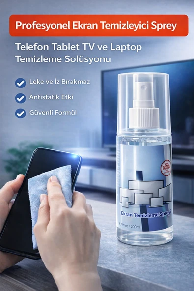 200 ML Ekran Temizleyici Sprey Tüm Ekranlara Uyumlu İz Bırakmaz Antistatik Güçlü Temizlik ürün görseli 1