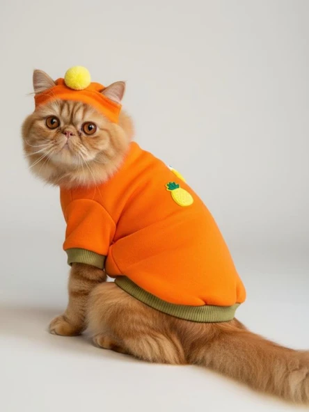 Pineapple and Ice Cream Turuncu Haki Kedi Polar Sweatshirt ve Bere Takım Kedi Kıyafeti ürün görseli 1