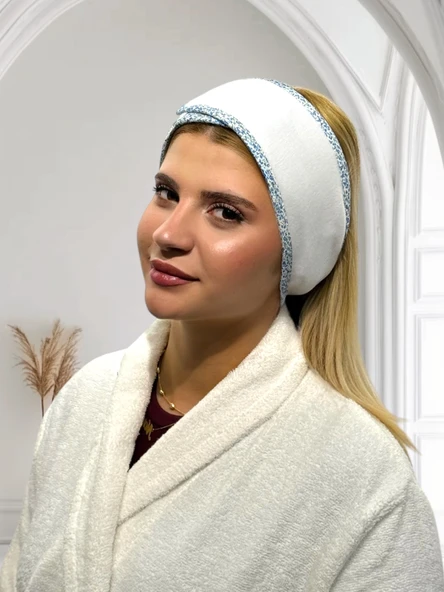 Saç Bandı,Makyaj,Sporcu,Spa,Hamam Bandı Unisex Cırtlı ve Biyeli(Mavi-Beyaz) ürün görseli 1