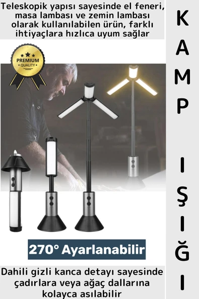 Outdoor Fener Masa Lambası Tasarımlı Piknik Çadıra Asılabilir Şarj Edilebilir Teleskopik Kamp Işığı ürün görseli 1