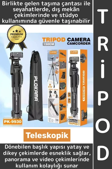 Premium Vlog Çekim Teleskopik Döner Başlık Yatay Dikey Kullanım Taşıma Çantalı 150 Cm Kamera Tripod ürün görseli 1