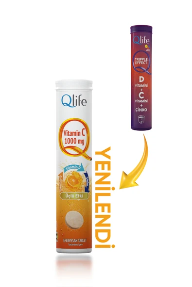 QLİFE Günlük C Vitamini 1000mg Takviyesi + D Vitamini + Çinko 20 Efervesan Tablet ürün görseli 1