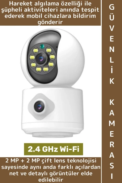İç Mekan Ev Gece Görüş İki Yön Ses Hareket Algı Uyarı Bildirim Wi-Fi Çift Lensli Güvenlik Kamerası ürün görseli 1