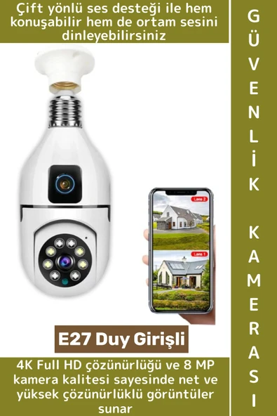 Ev Çocuk Odası Gece Görüş İki Yön Ses Full HD Çift Lensli E27 Duy Girişi Kablosuz Wi-Fi Ampul Kamera ürün görseli 1