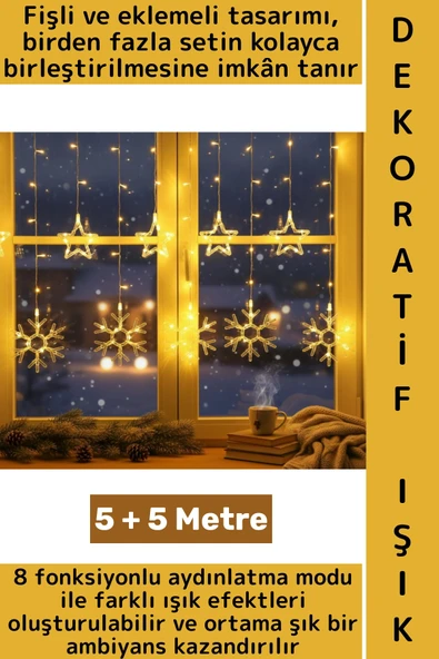 Dış Mekan Balkon Vitrin Süsleme 8 Mod Fişli Eklemeli 5+5 Metre 10 Saçaklı Kar Tanesi Perde LED Işık ürün görseli 1