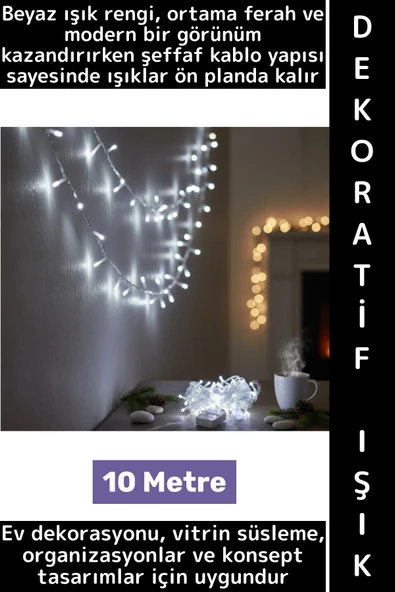 Dekoratif Aydınlatma Ev Vitrin Organizasyon Süsleme Çok Şık Estetik Damla Uçlu 100 Led Işık 10 Metre ürün görseli 1