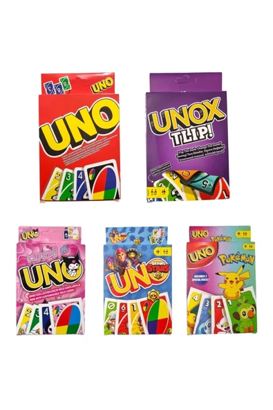 TURKAFONE Uno + Unox Tlip + Kuromi Uno + Pokemon Uno + Brawl Stars Uno Oyun Kartları - 5 li Set ürün görseli 1