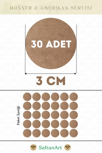 SaltanArt 3 cm Çap 30 Adet Supla Amerikan Servis Runner MDF Drolit Magnet Altı Ahşap 3 mm (2,7 mm) Kalınlık ürün görseli 1