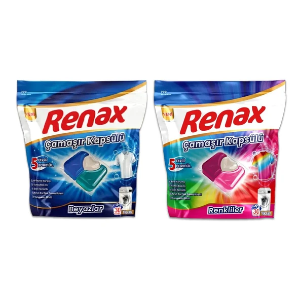 Renax Çamaşır Kapsülü 30 Yıkama Beyazlar ve Renkliler 2 li Paket ürün görseli 1