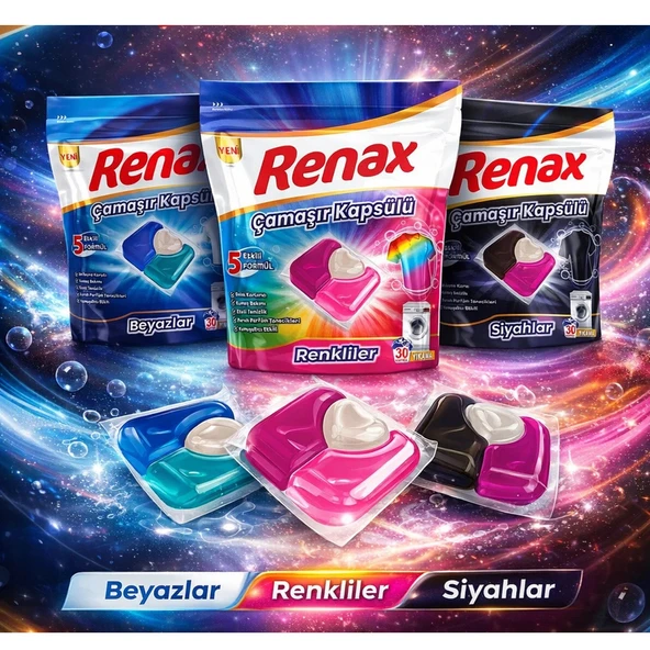 Renax Çamaşır Kapsülü 30 Yıkama Beyazlar-Renkliler-Siyahlar 3 lü Paket ürün görseli 1