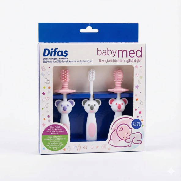 Difaş Babymed Ekstra Yumuşak Bebek Diş Fırçası ve Damak Kaşıyıcı 3'lü Set (0-3 Yaş) ürün görseli 1