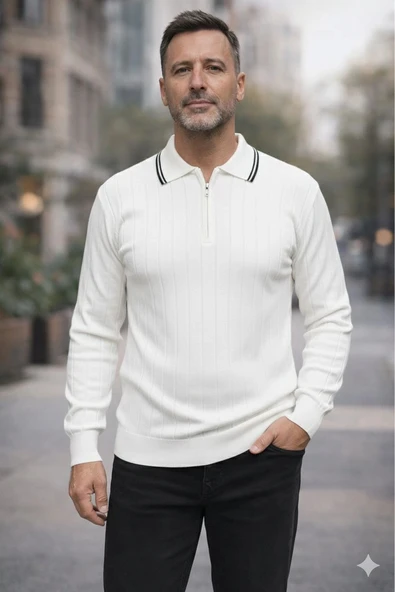 Erkek Çizgili Polo Yaka Fermuarlı Sweatshirt ürün görseli 1