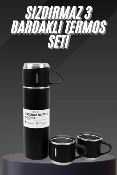 Termos Seti Paslanmaz Çelik 3 Bardaklı Vakumlu Termos Set 500 Ml 12 Saate Kadar Isı Koruma ürün görseli 1