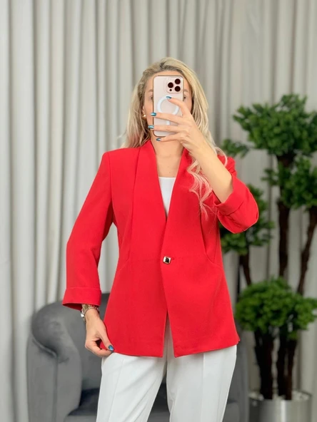 Ekol Kadın Tek Düğmeli Mercan Renk Blazer Ceket 04128 ürün görseli 1