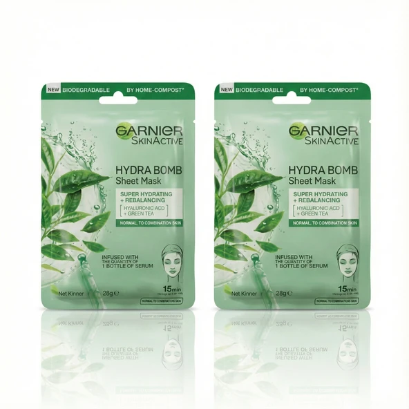 Garnier SkinActive Hydra Bomb Kağıt Yüz Maskesi - Yeşil Çay ve Hyaluronik Asit - 2'li Avantaj Paketi ürün görseli 1