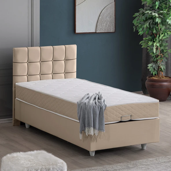 Tavira Tek Kişilik Baza Başlık Letto Yatak Seti - Bej ürün görseli 1