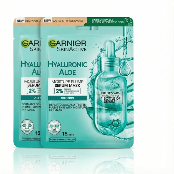 Garnier Hyaluronik Aloe Kağıt Yüz Maskesi - Kuru Ciltler İçin Yoğun Nem ve Dolgunluk - 2'li Avantaj Paketi ürün görseli 1