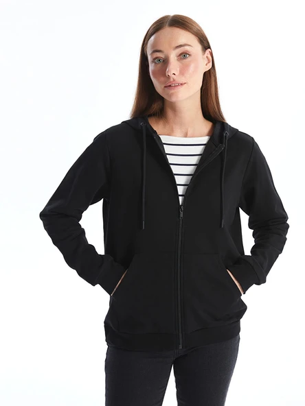 LCWAIKIKI Basic Siyah Kapüşonlu Düz Uzun Kollu Kadın Fermuarlı Sweatshirt ürün görseli 1