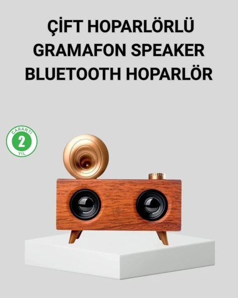Retro Gramafon Bluetooth Hoparlör Çift Stereo Sesli Fm Radyo Destekli ürün görseli 1