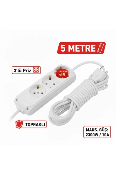 İNWATT 5 Metre Kablolu Topraklı Ara Kablosu Uzatmalı Seyyar 3lü Grup Priz ürün görseli 1