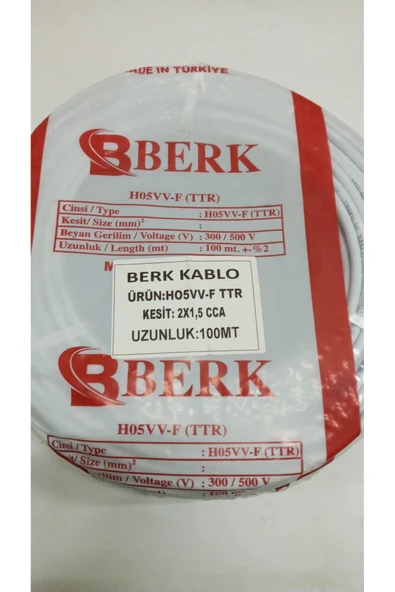 İNWATT 100 Metre 2x1.5 mm TTR Tam Kesit Elektrik Tesisat Kablosu 24 mikron/30 tel BERK KABLO Üst Kalite ürün görseli 1