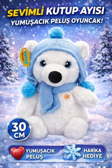 Şapkalı ve Atkılı Peluş Kutup Ayısı 30 cm Yumuşacık Dolgulu Sevimli Oyuncak ürün görseli 1