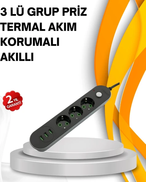 Hızlı Şarj Özellikli 3 Usb Girişli Üçlü Priz ürün görseli 1