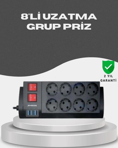 Akım Korumalı 8’li Priz 3 Usb’li Uzatma Kablosu Isıya Dayanıklı 2 Metre ürün görseli 1
