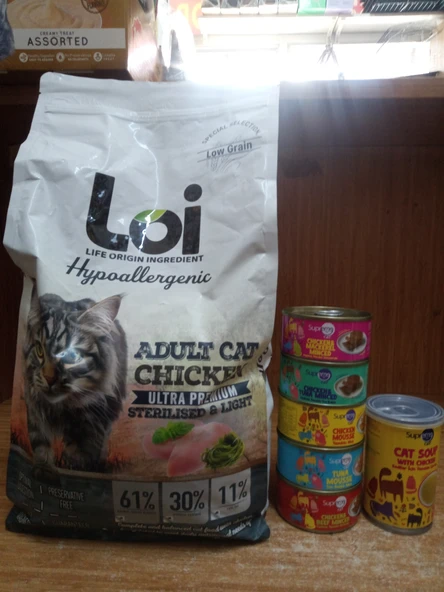 Loi Hypoallergenic Kısır Kedi Mama Tavuklu 2 Kg+5 ADET KARIŞIK AROMA PÜRE KEDİ KONSERVE85 GRAM+1 ADET TAVUKLU KEDİ ÇORBASI 135 ML ürün görseli 1
