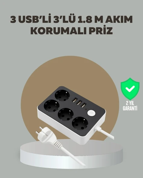 4 Prizli 3 Usb Portlu Anahtarlı Akım Korumalı Priz ürün görseli 1