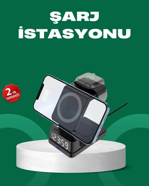 Dijital Saatli Kablosuz Şarj İstasyonu – 3’ü 1 Arada   Uyumlu Hızlı Şarj Ve Led Ekran ürün görseli 1