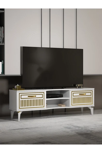 Tv Sehpası Tv Ünitesi Vera Beyaz Gold Çizgili 5052 ürün görseli 1