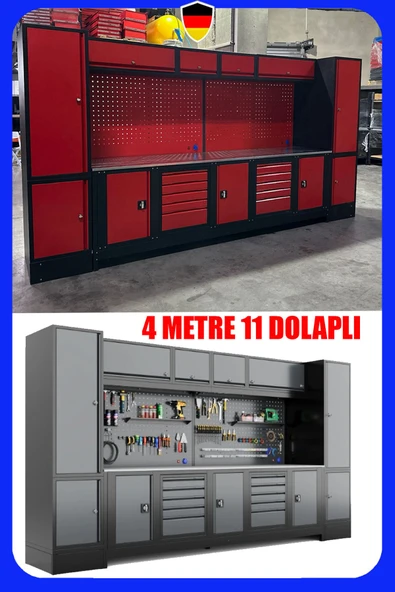 4 Metre 11 Dolaplı Modüler Takım Tezgahı – Endüstriyel Atölye Çalışma İstasyonu Plus Çalışma Tezgahı ürün görseli 1